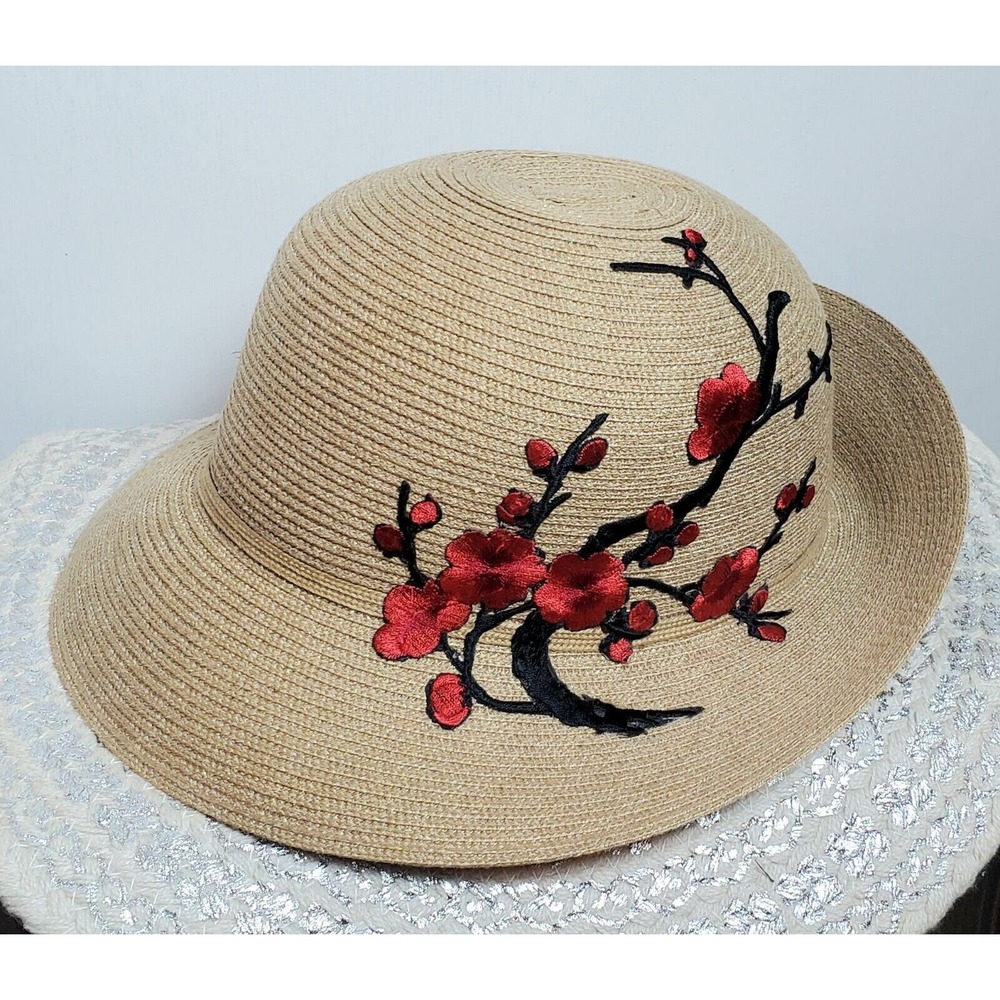 Womens Hat With Beautiful Red Floral Details